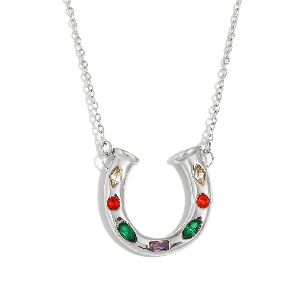 2:Colored diamond u-shaped pendant necklace-steel color