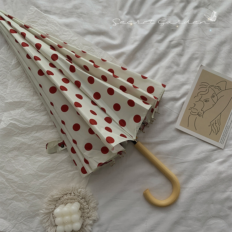 Milk white polka dot long handle 16 ribs