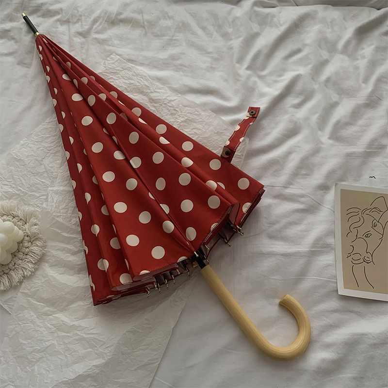 Burgundy polka dot long handle 16 ribs