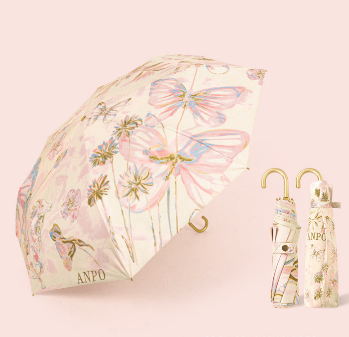 Three-fold gold rod curved handle color rubber powder gold butterfly [no bag]