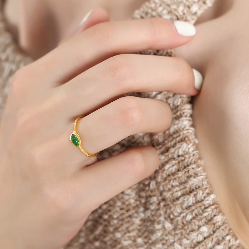 A494-Gold Green Glass Ring US Size #6