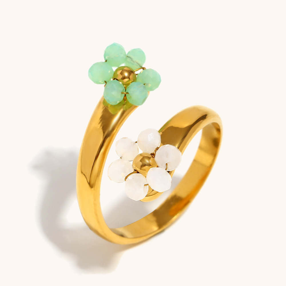 1:Handmade flower open ring-gold-green