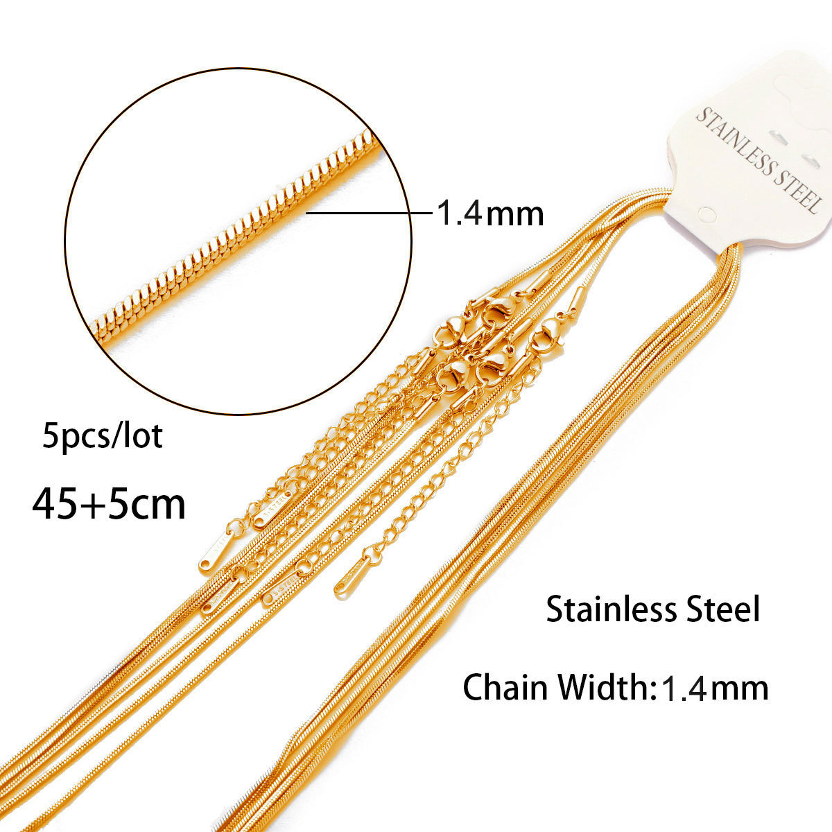 10:1.4mm square snake chain 45 5 point gold
