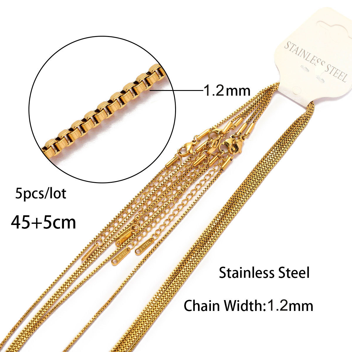 18:1.2mm box chain 45 5 point gold