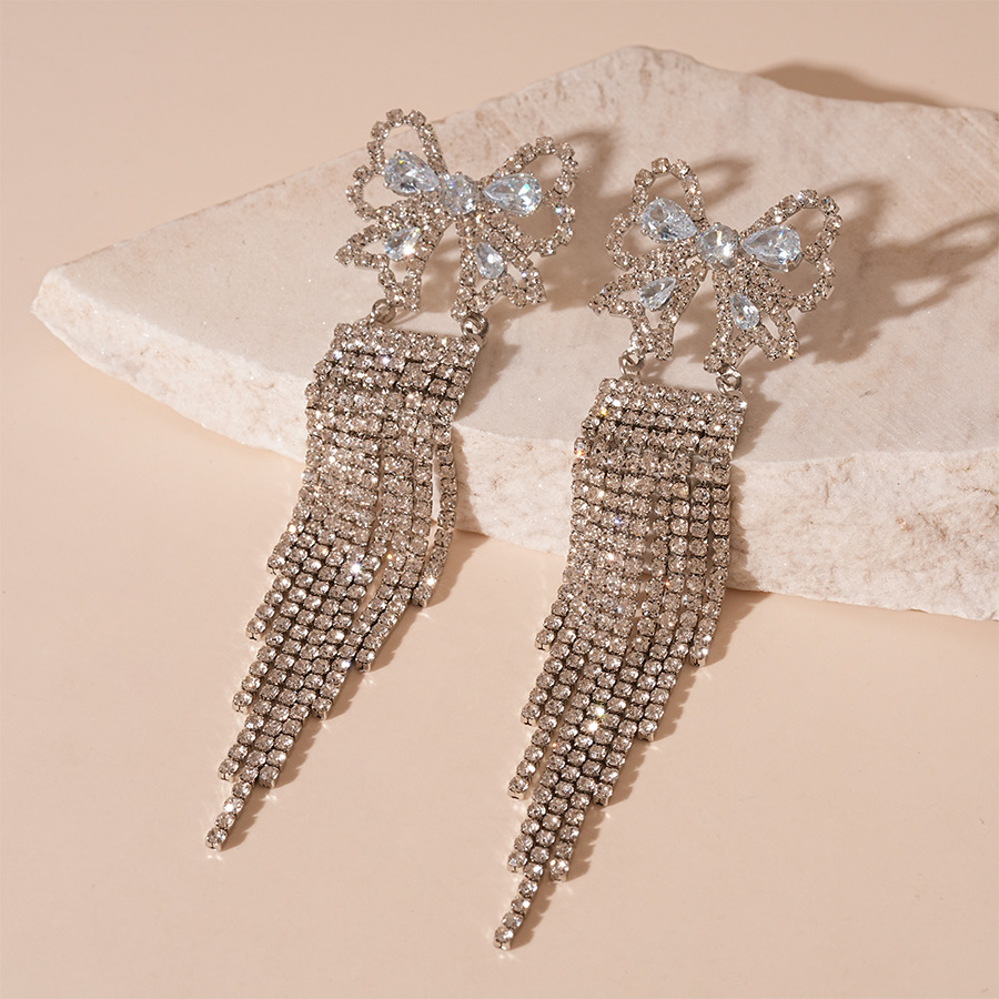 1:Silver needle-silver bow tassel earrings