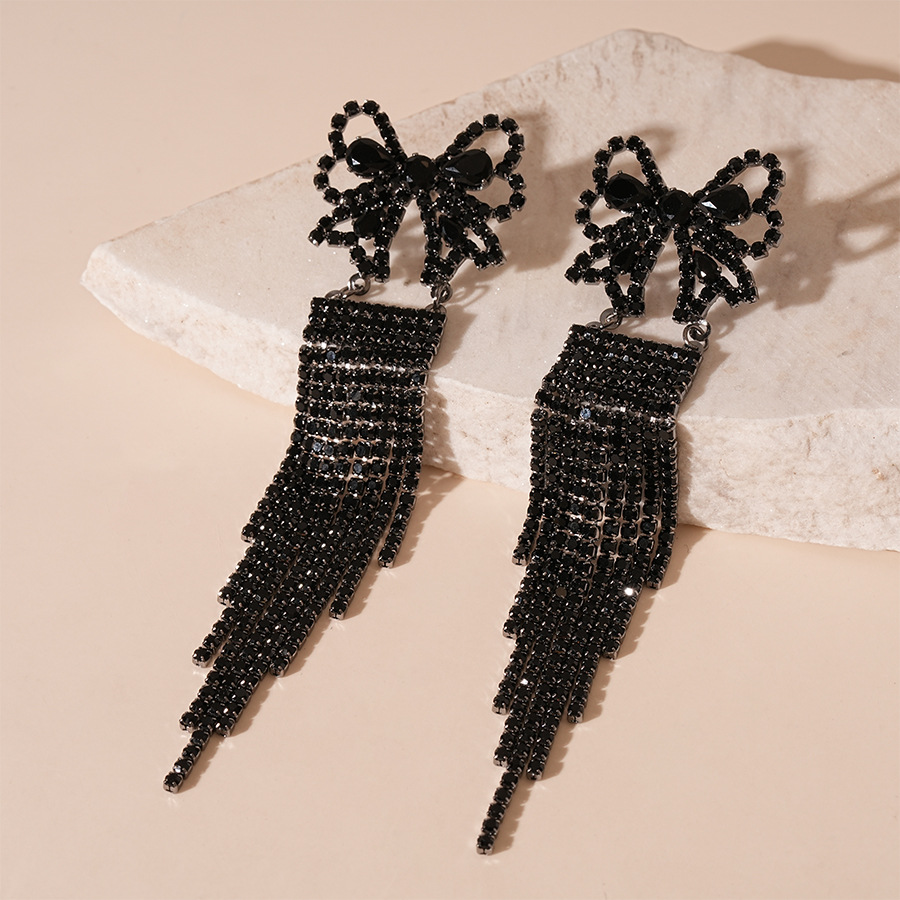 2:Silver needle-black bow tassel earrings