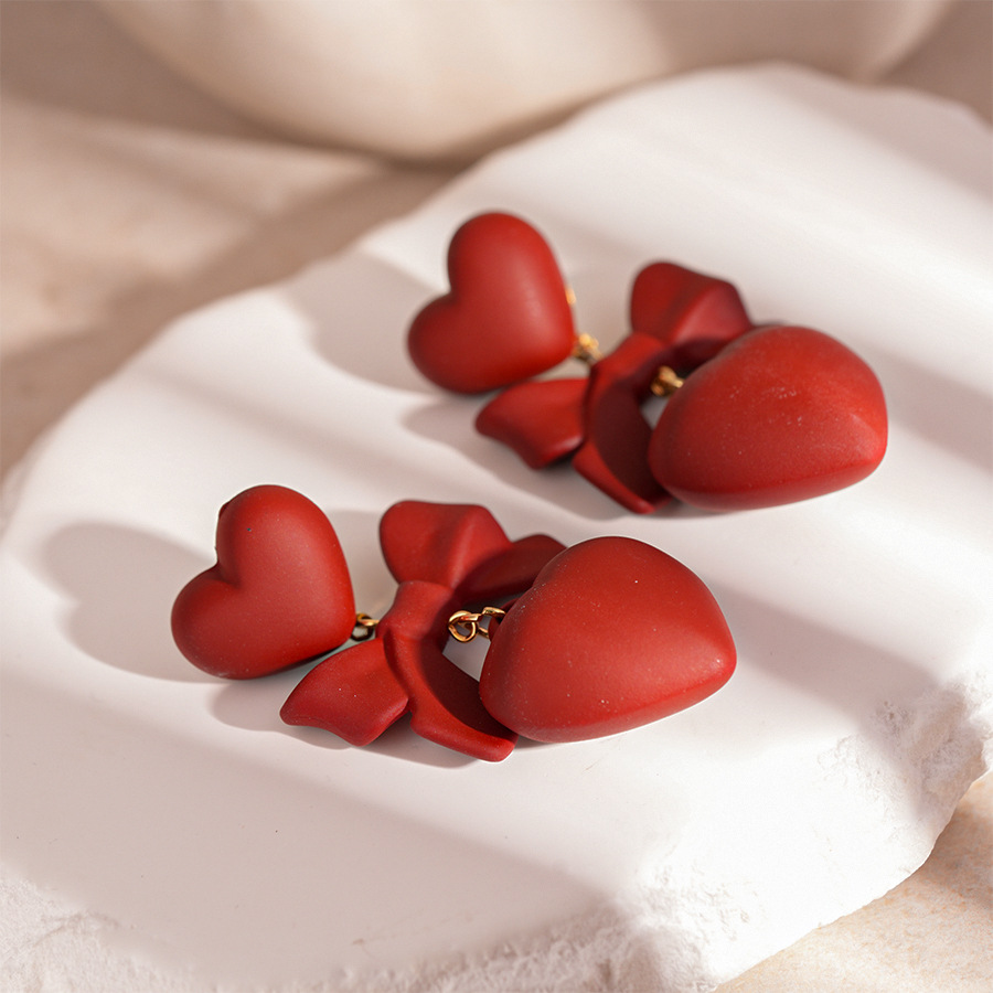 2:Silver needle-red love bow earrings