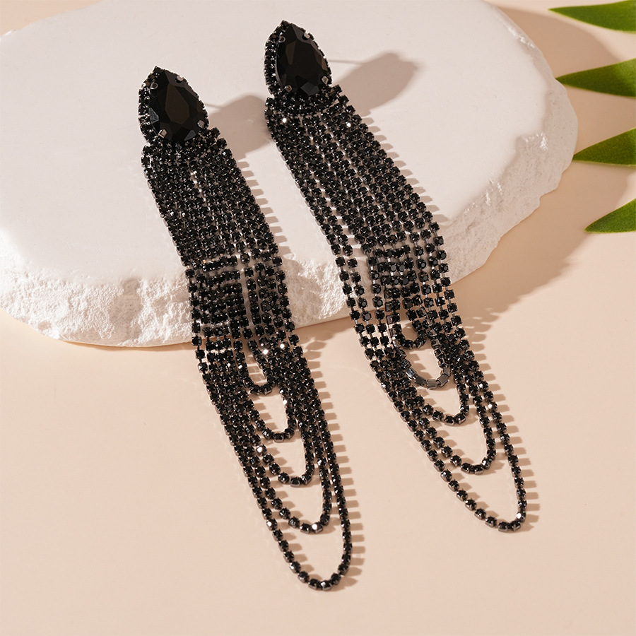 1:Silver needle-black diamond drop tassel earrings