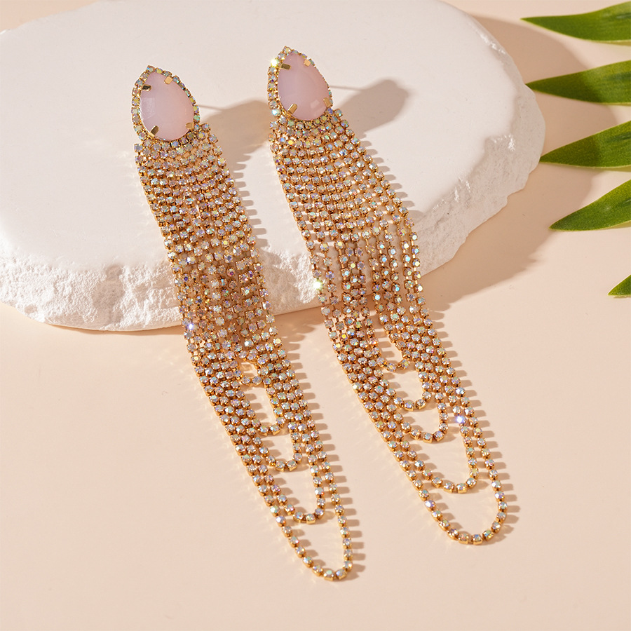 2:Silver needle-pink diamond drop tassel earrings