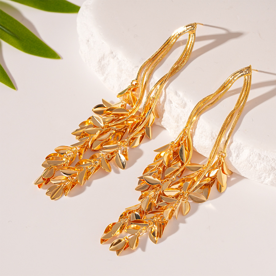 1:Silver needle-golden wheat leaf earrings