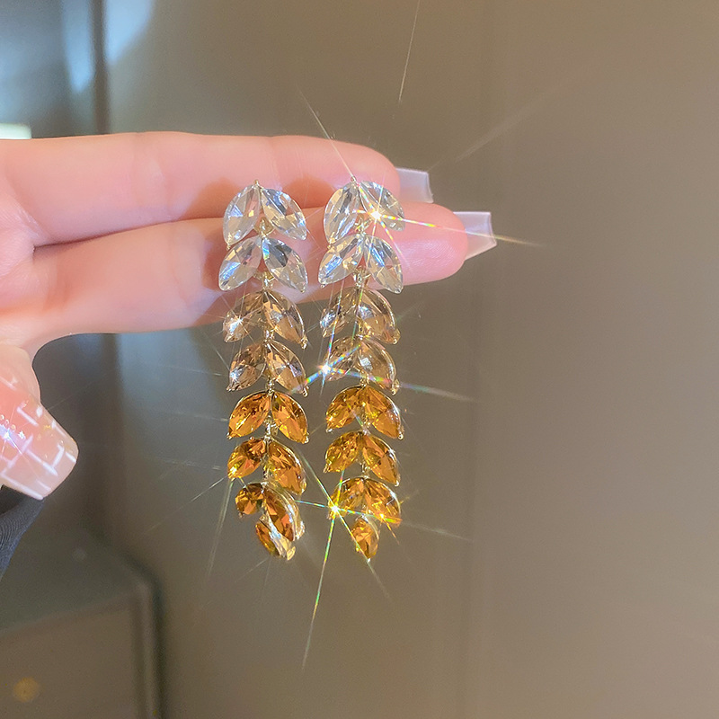 2:Silver Needle-yellow leaf tassel earrings