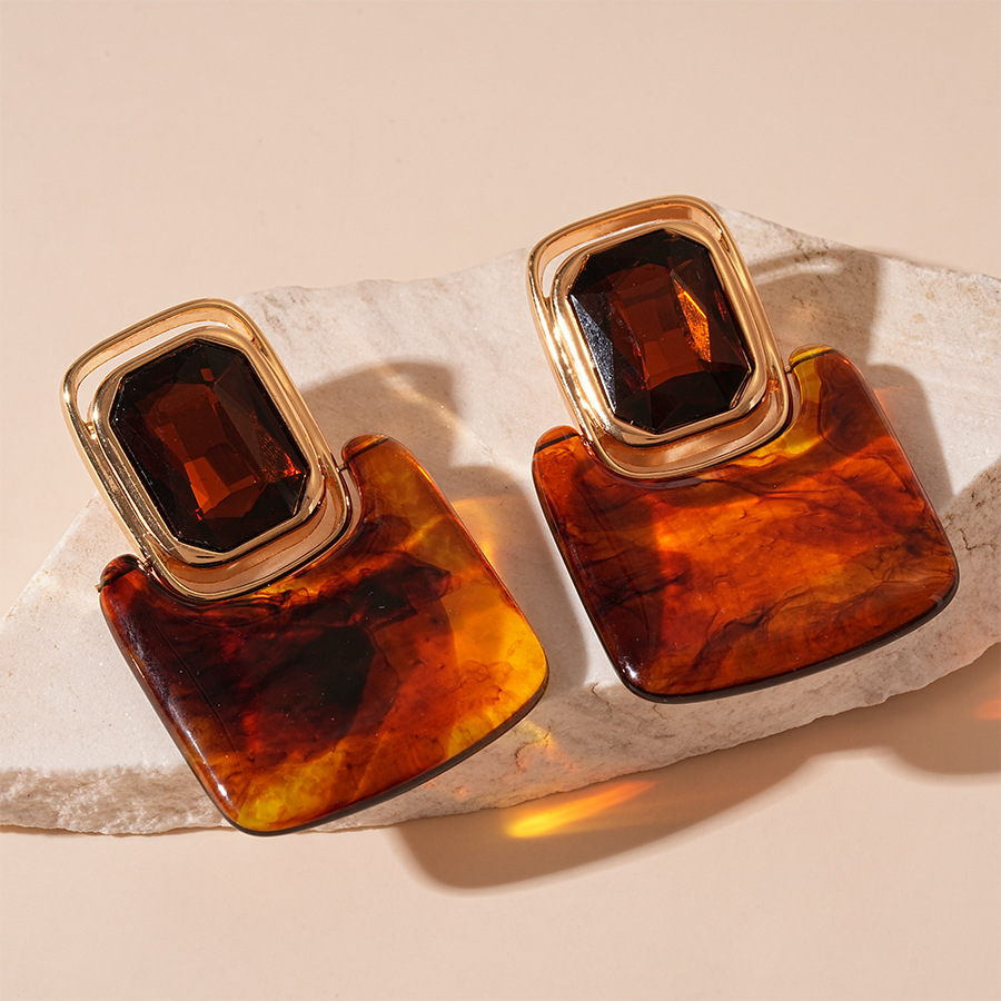 1:Silver needle-brown resin square stud earrings