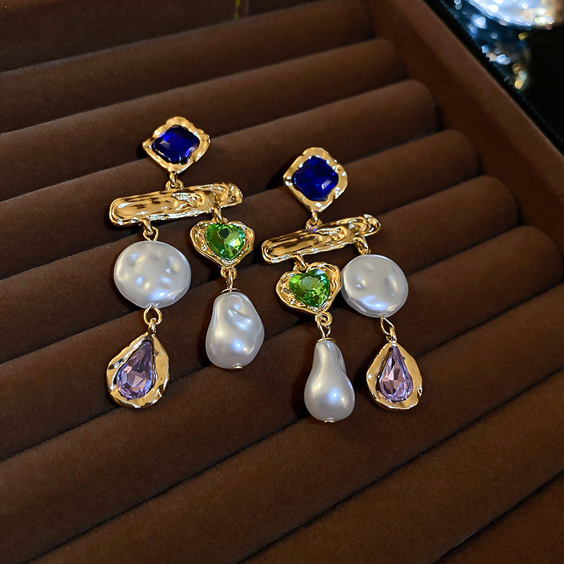 1:Silver Needle-blue diamond pearl earrings