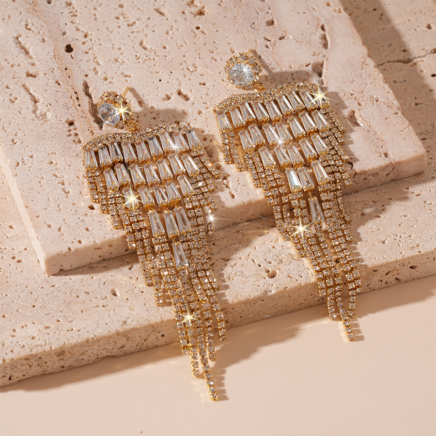1:Silver needle-golden zircon tassel earrings