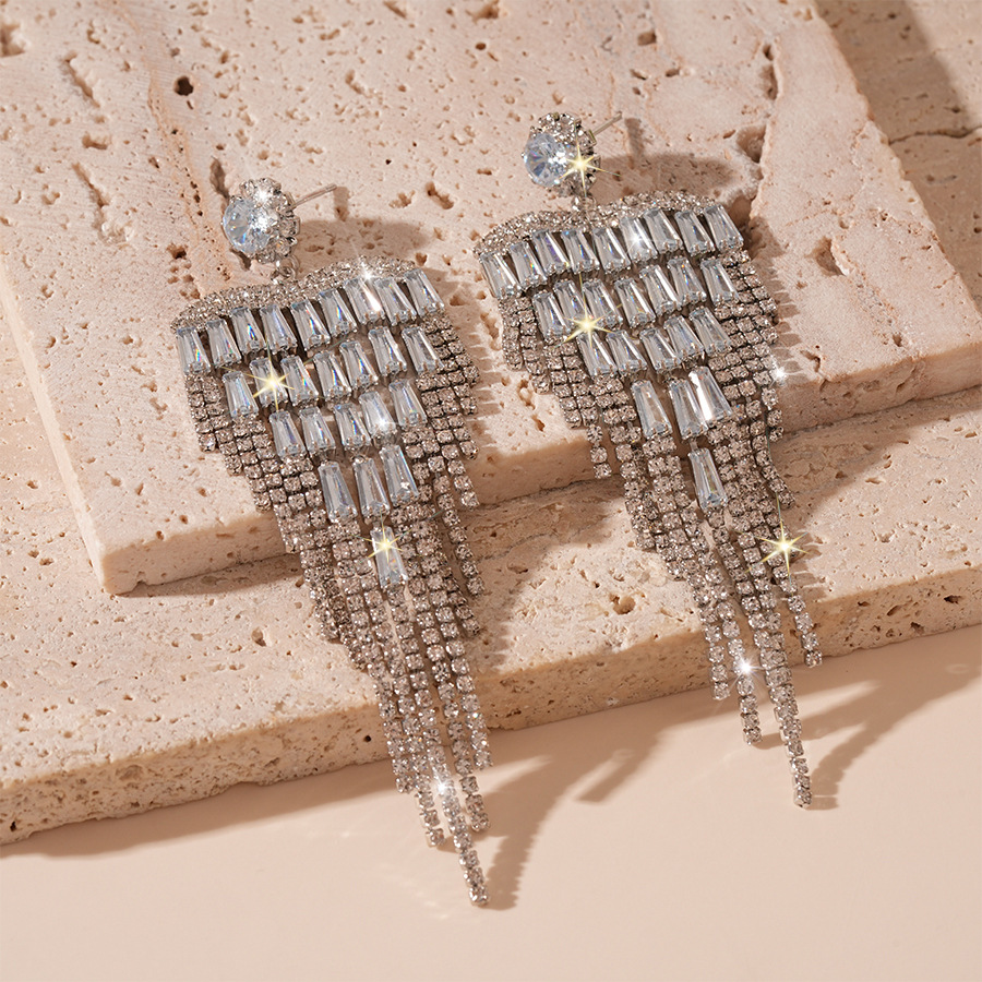 2:Silver needle-silver zircon tassel earrings