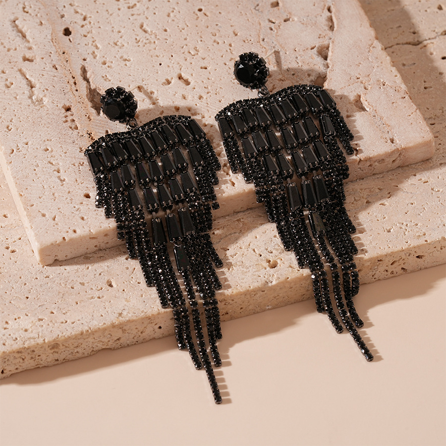 3:Silver needle-black zircon tassel earrings