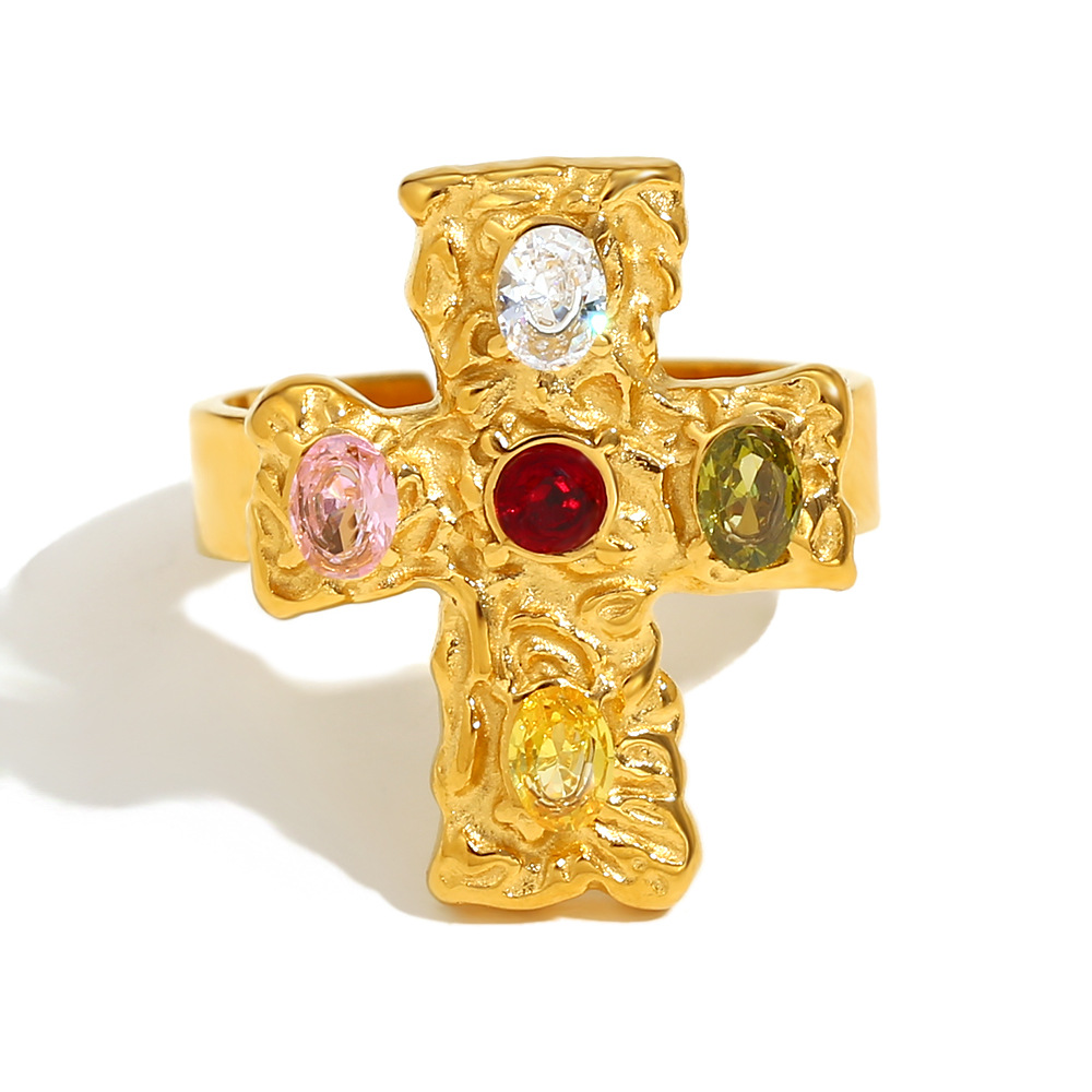 1:Cross colored diamond open ring-gold