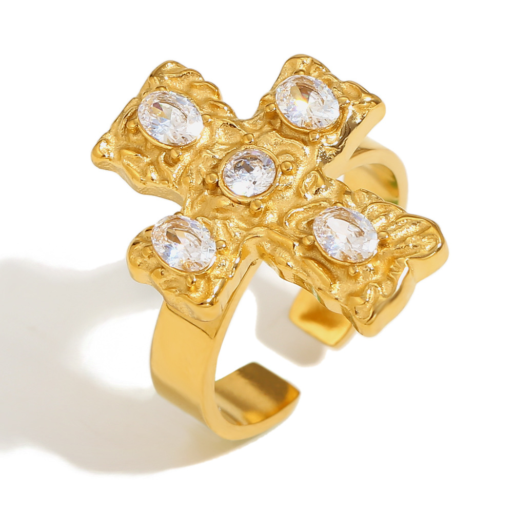 2:Cross white diamond open ring-gold