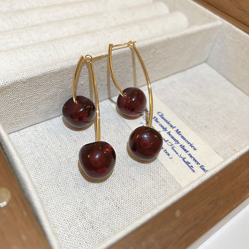 1:Silver Needle-Dark Red Cherry Stud Earrings