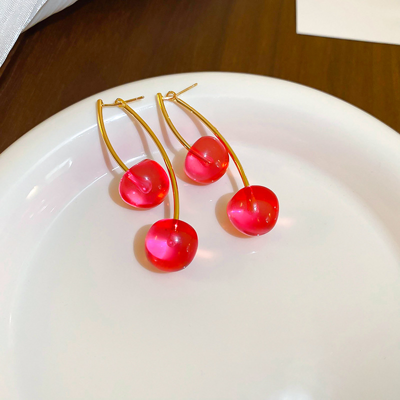 2:Silver Needle-Pink Cherry Stud Earrings