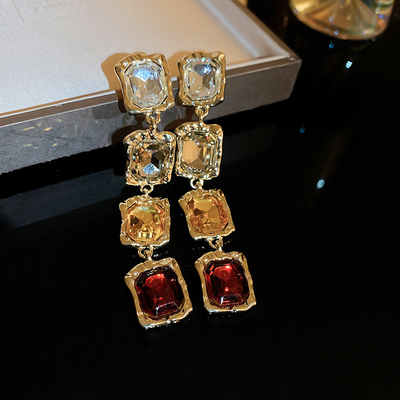 2:Silver Pin-Colorful Diamond Square Drop Earrings