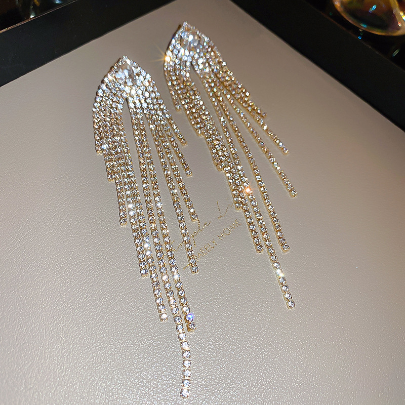 1:Silver Needle-Gold Zircon Tassel Earrings