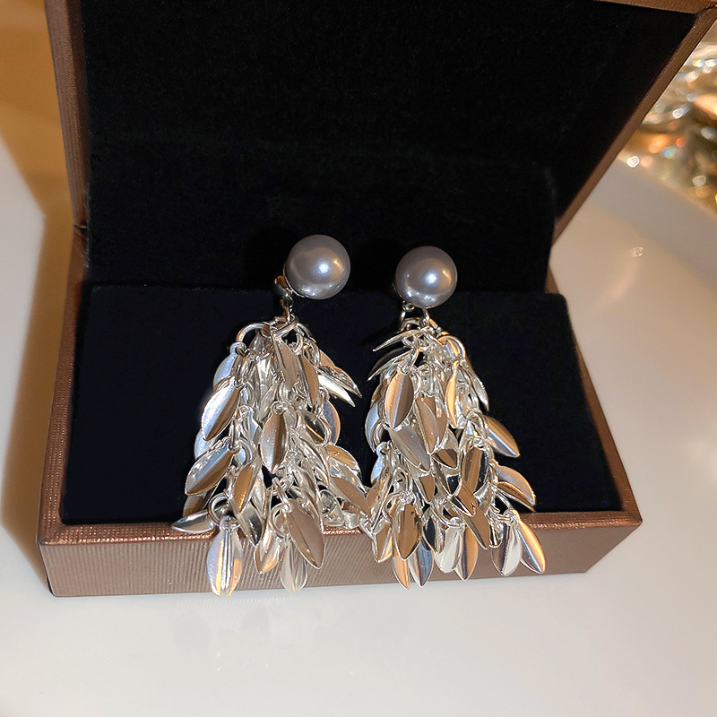 1:Silver Needle-silver Leaf Tassel Drop Earrings