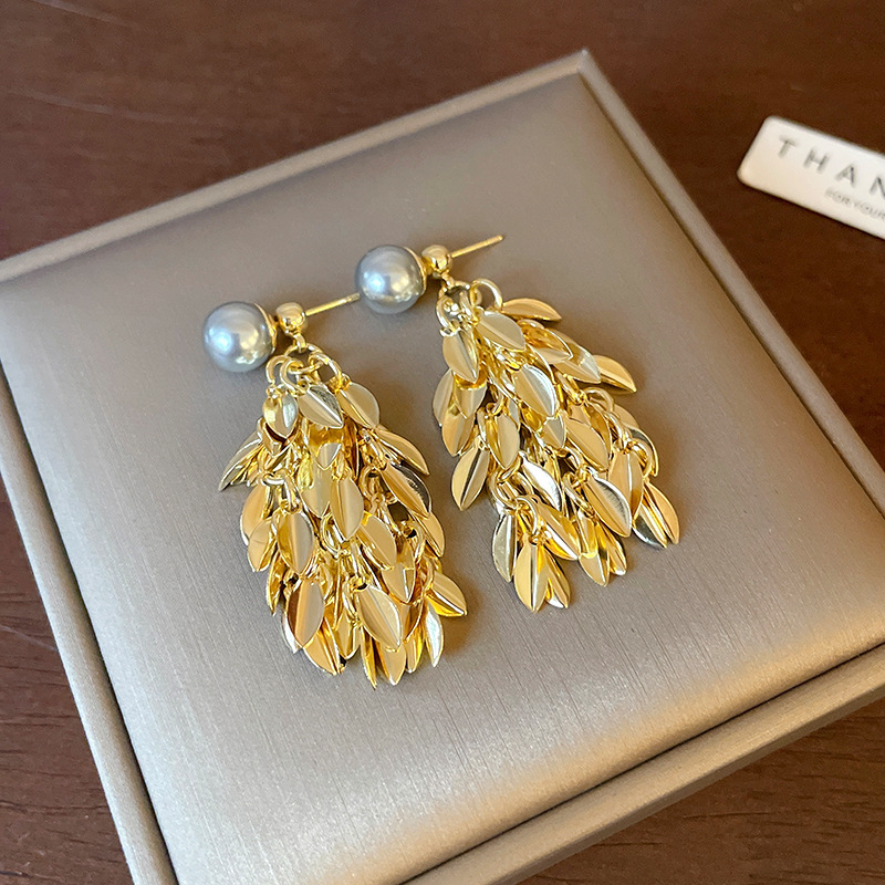 2:Silver Needle-Golden Leaf Tassel Earrings