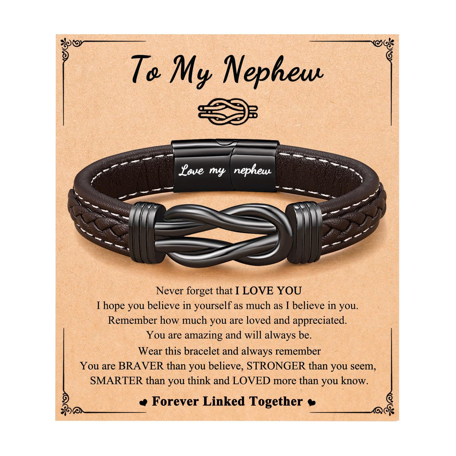 13:Brown leather bracelet   Love my Nephew engraving   Nephew card