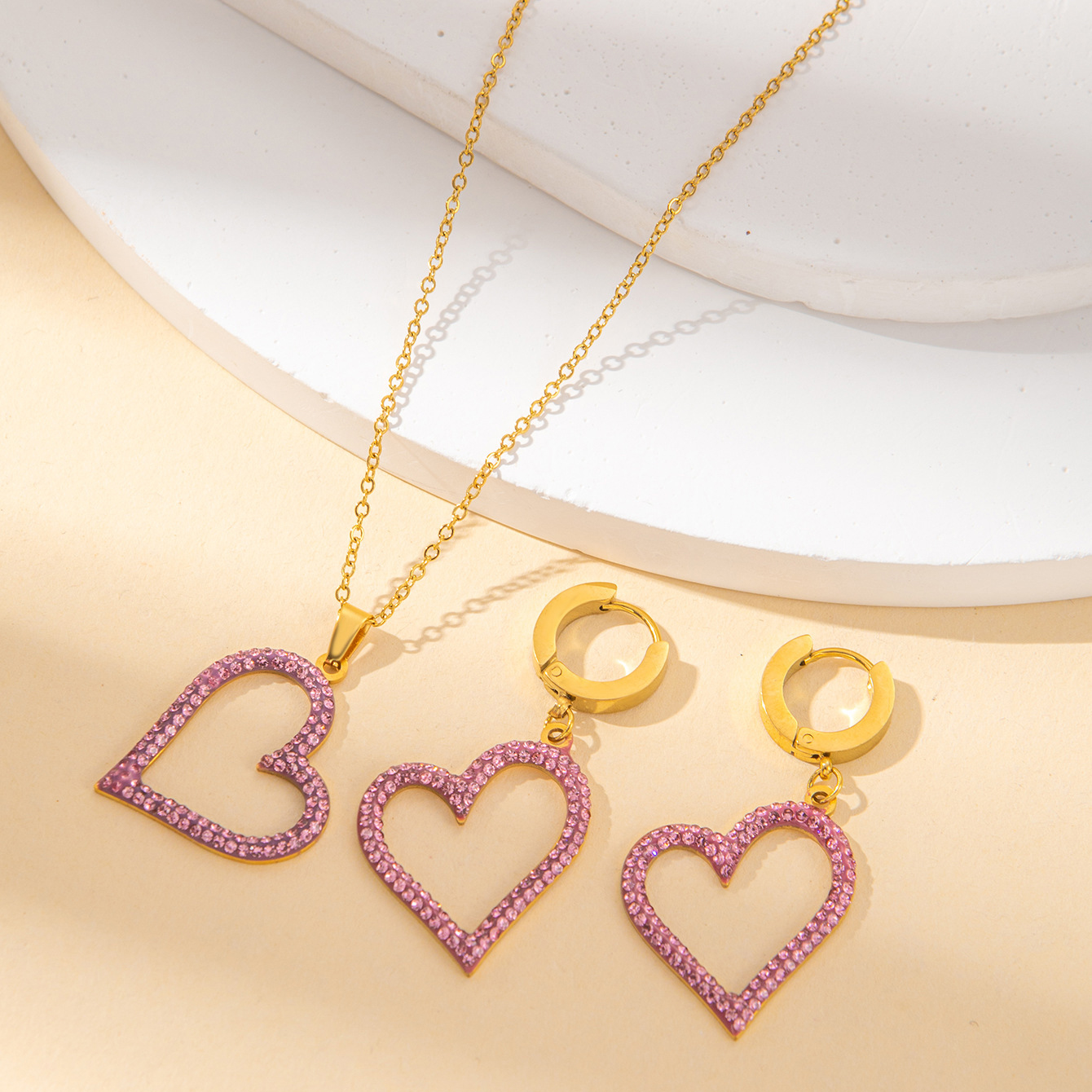 Hollow love rose diamond necklace earrings