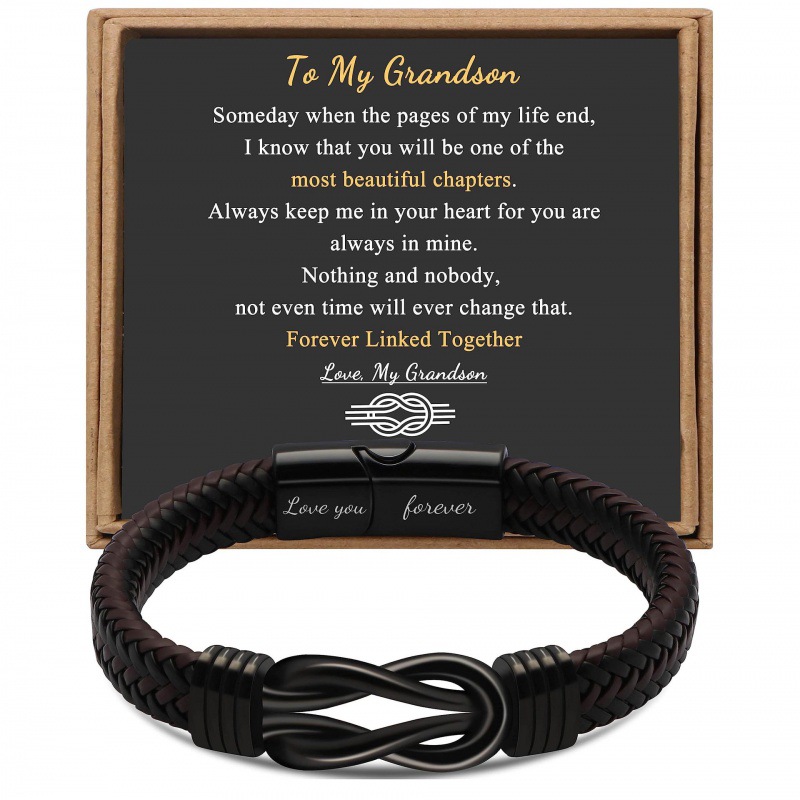 4:Engraved love you forever grandson1 card leather bracelet