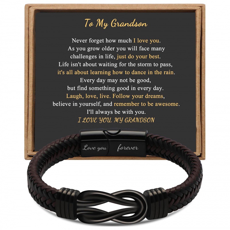 5:Engraved love you forever grandson 2 card leather bracelet