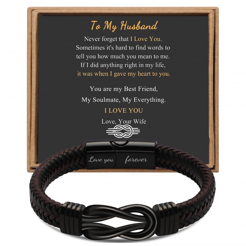8:Engraved love you forever husband card leather bracelet