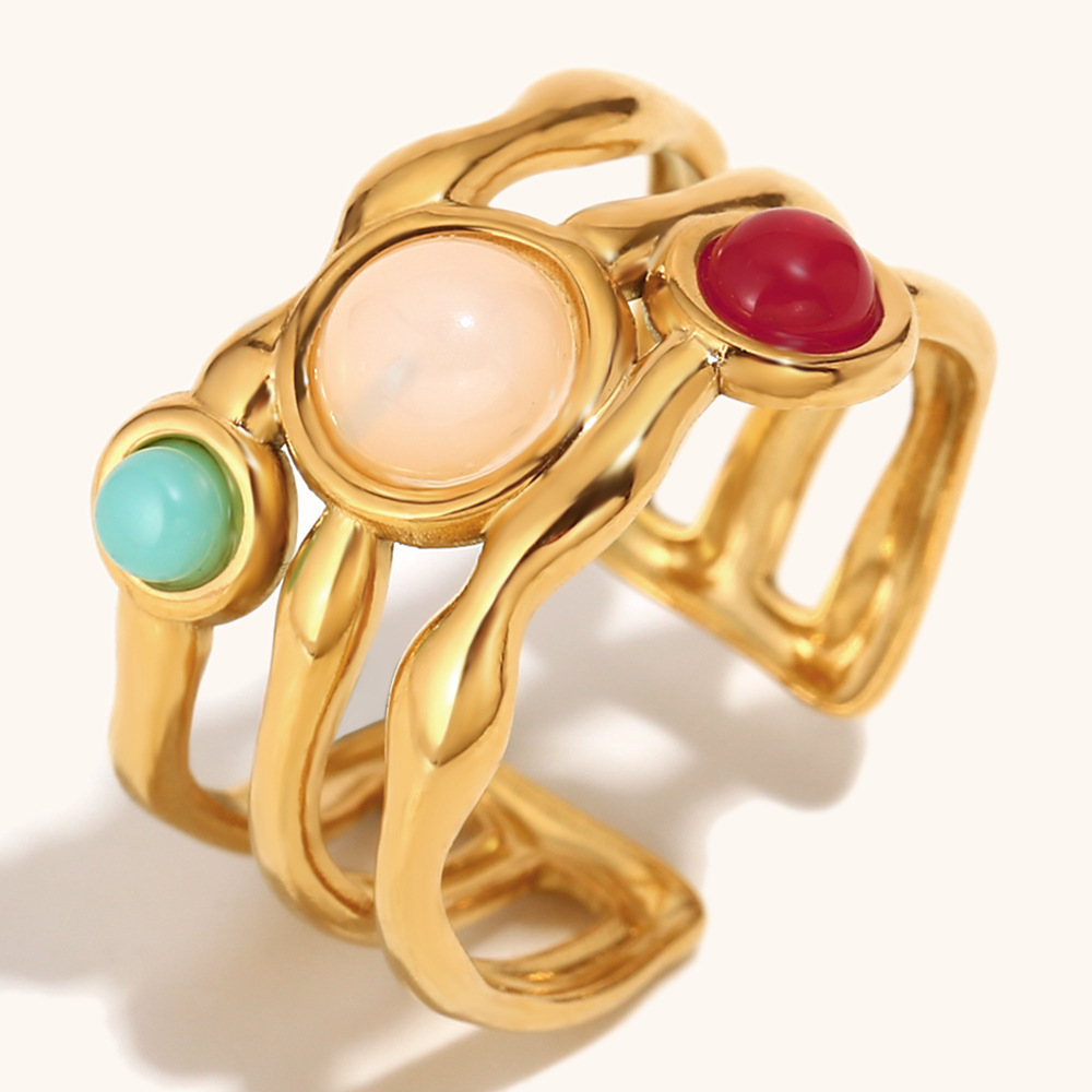 Double layer multi-color gemstone open ring-gold