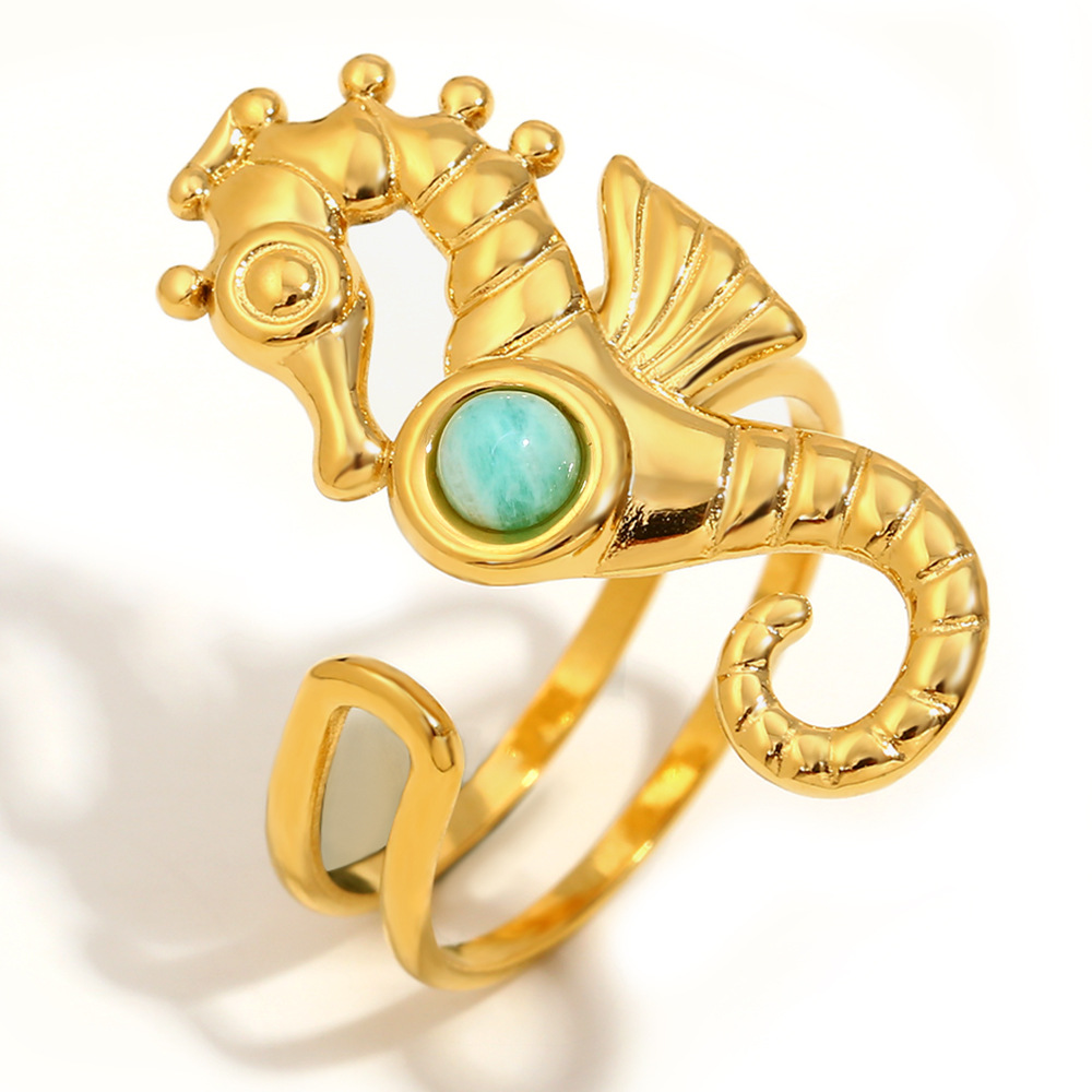 1:Seahorse amazonite open ring-gold