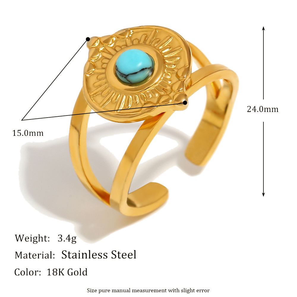 Blue turquoise sun open ring-gold