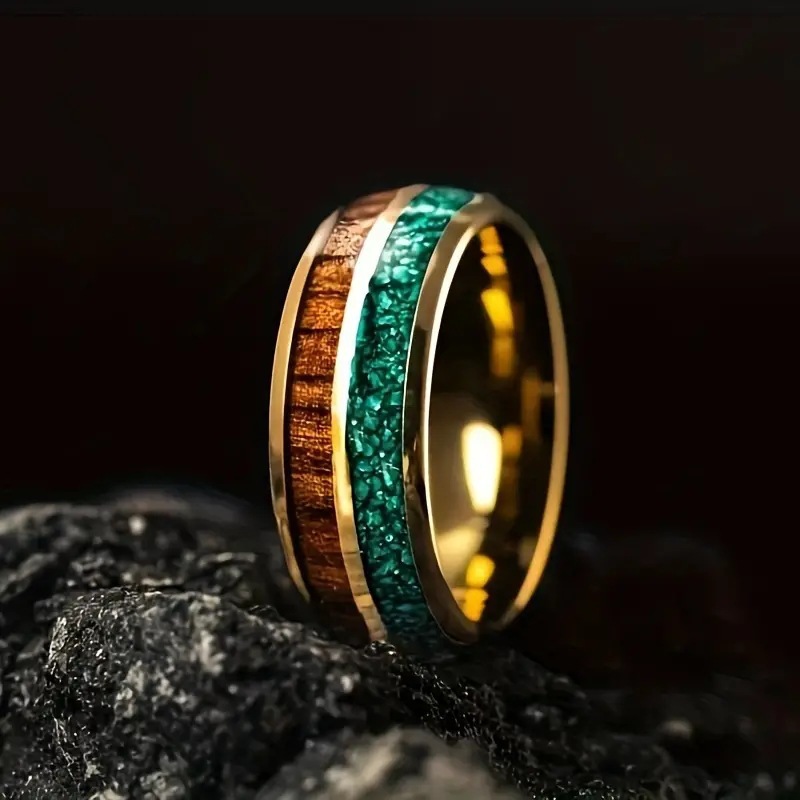 Gold turquoise wood grain ring US Size #12
