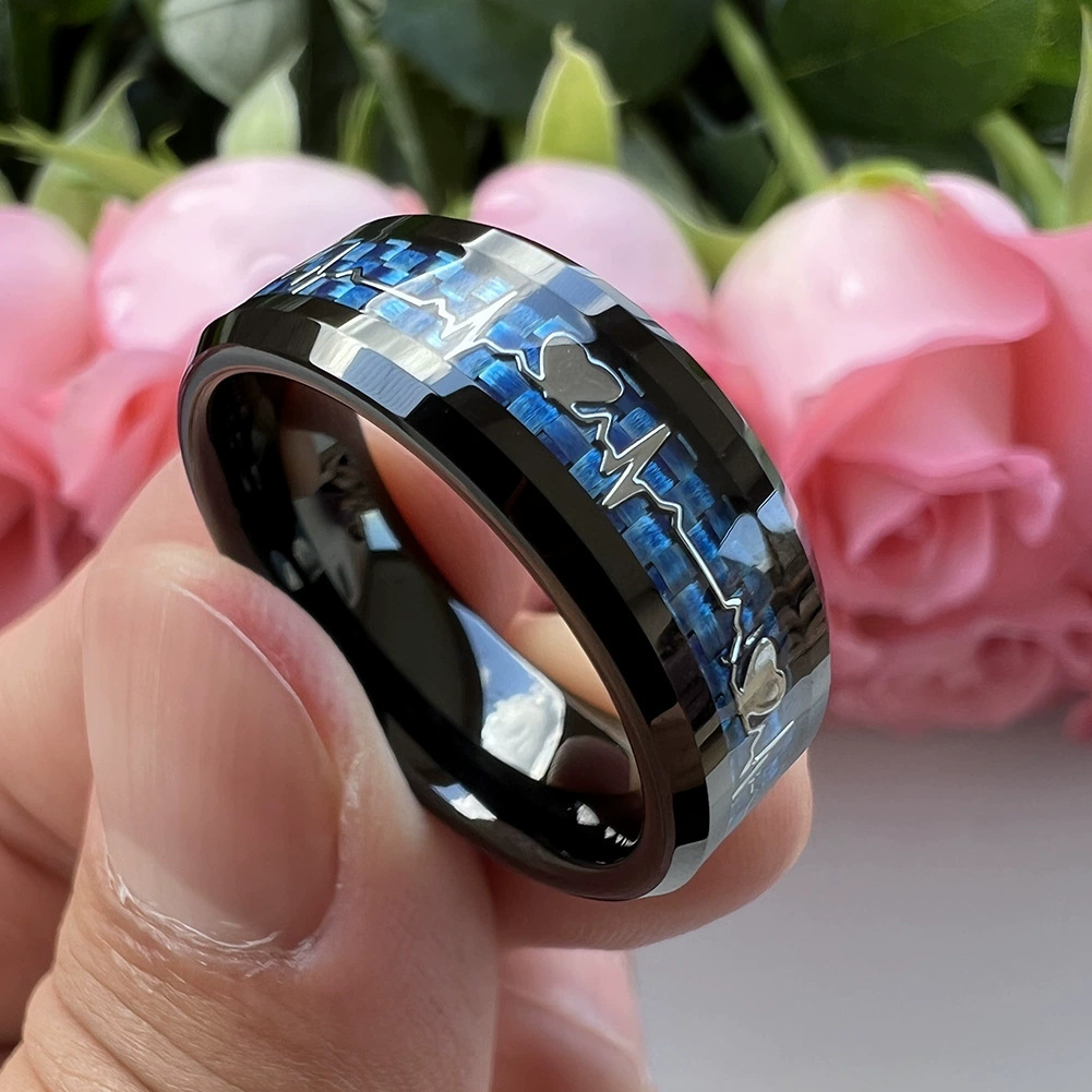 Black blue background carbon fiber ekg ring US Siz