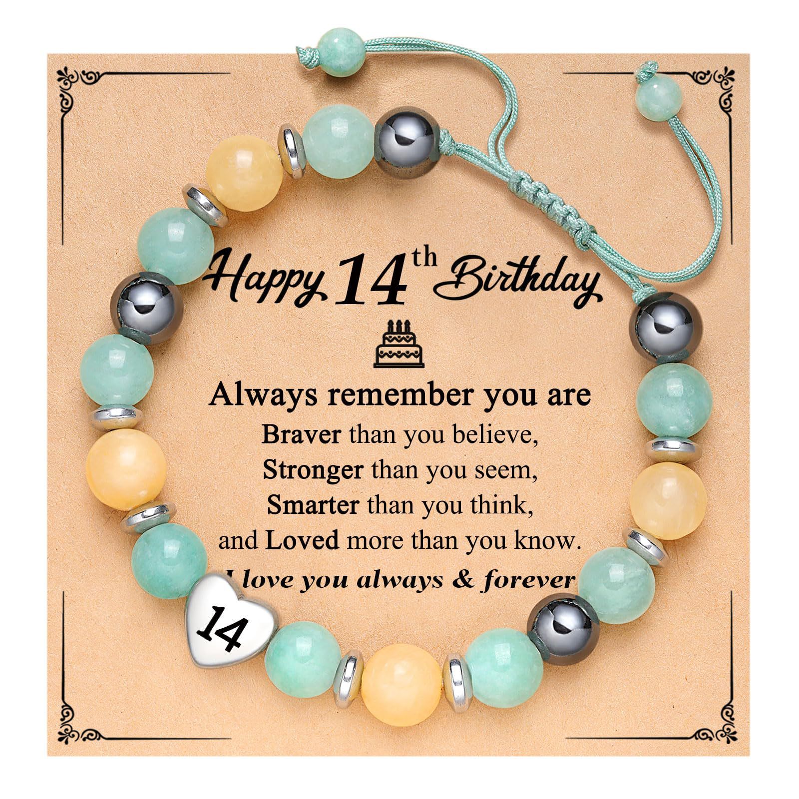 9:Yellow Blue Bead Bracelet Letter 14 Happy Card