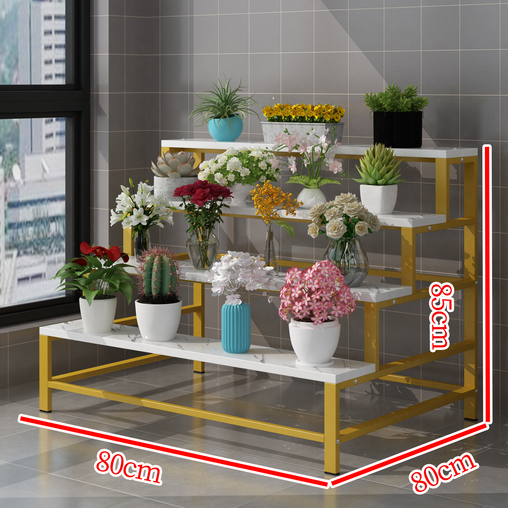 Gold frame   white stone pattern four layers 80*80*85cm