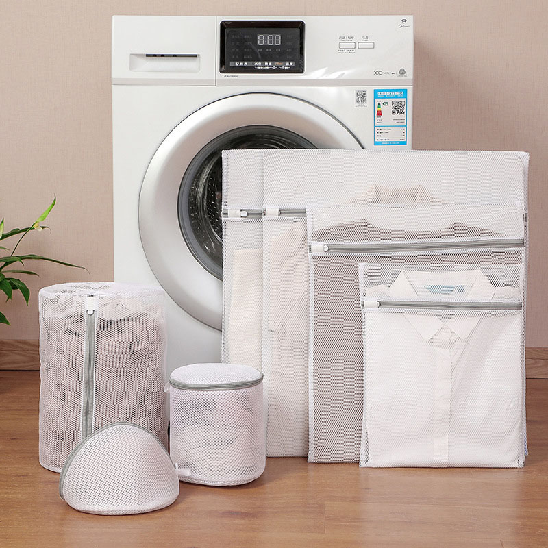 Gray and white coarse mesh seven-piece set (small, medium, large, extra large, cylinder, bra bag, shell)