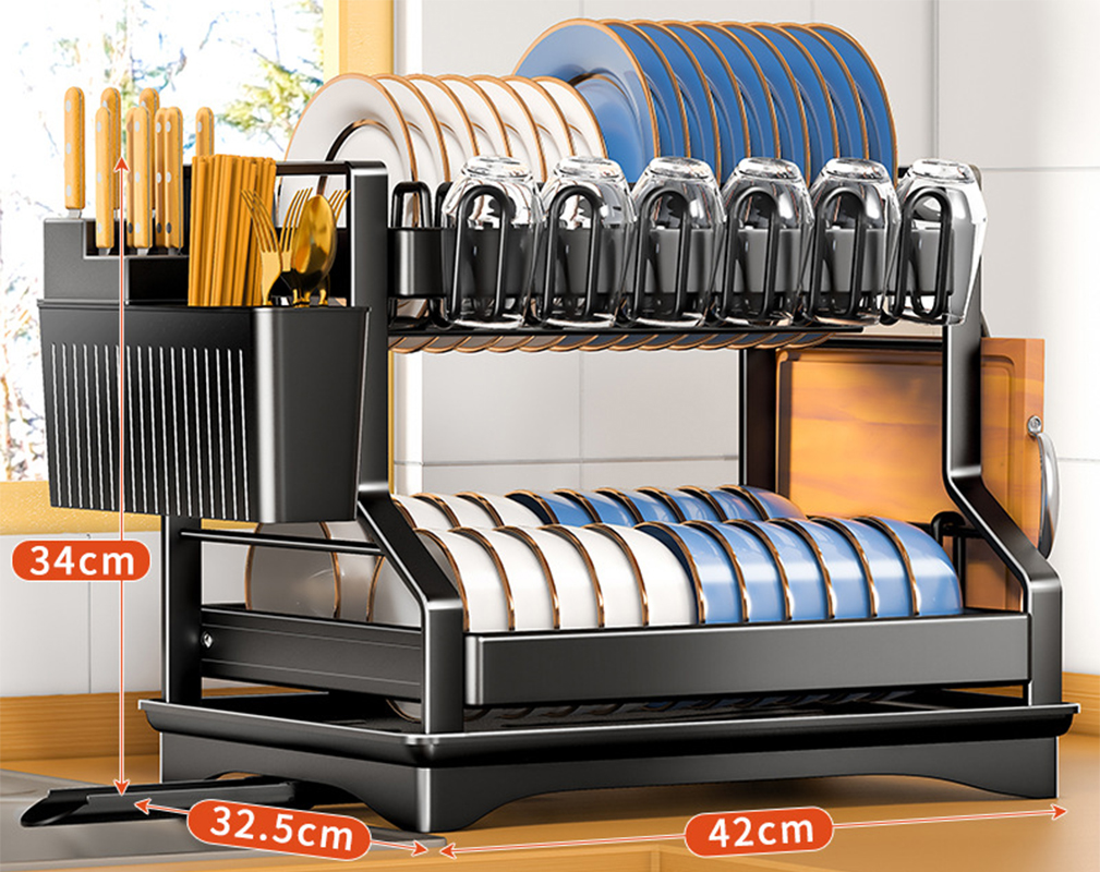 Black * double-layer dish rack main rack   cup rack   Knife Chopsticks tube   chopping board rack