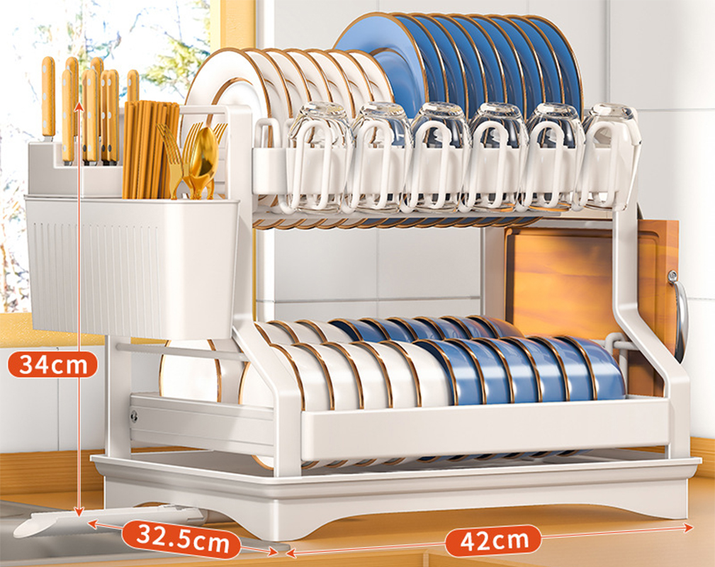 White * double-layer dish rack main rack   cup rack   Knife Chopsticks tube   chopping board rack