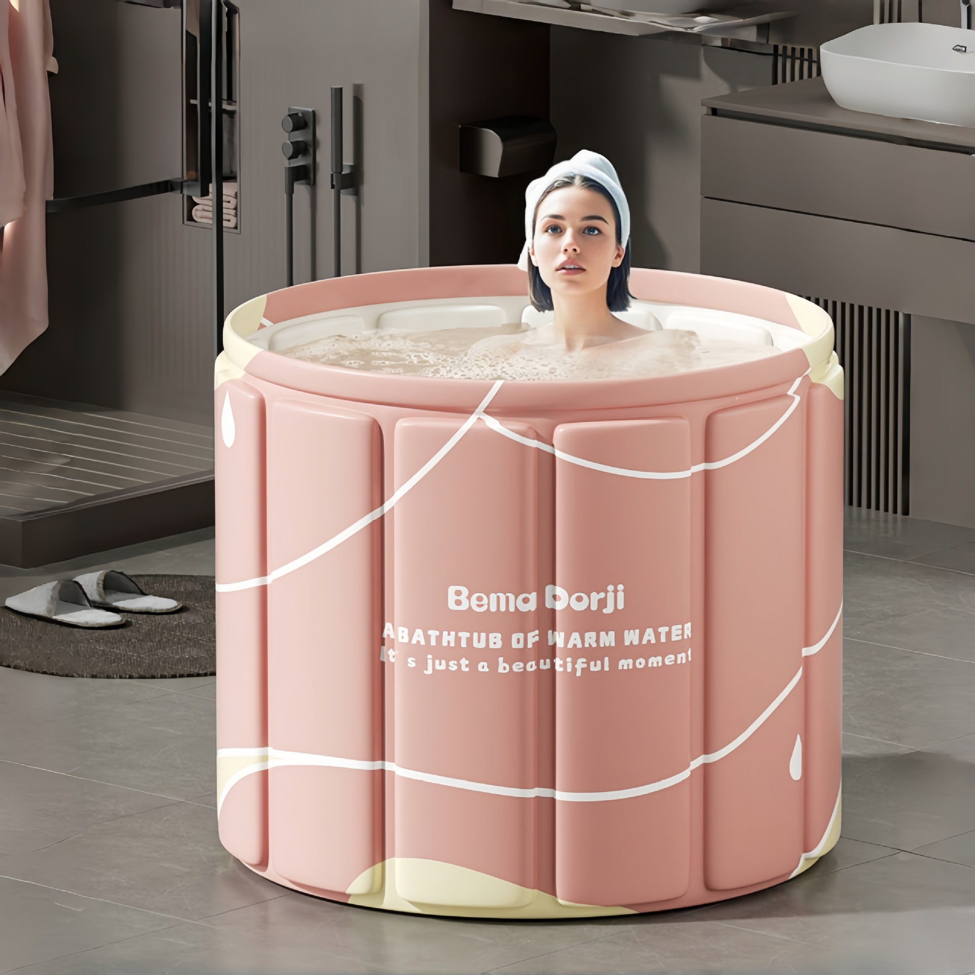 Water Drop Pink Board Bucket [Drain Pipe Bath Stool]]