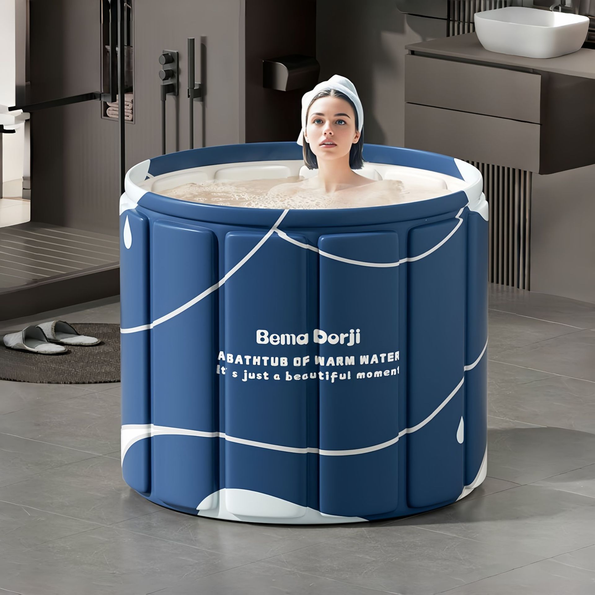 Water droplets blue plate bucket [to drain pipe bath stool]]