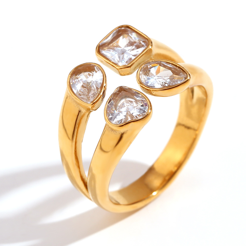 3:Double Love Geometric Water Drops Zircon Open Ring-Gold White