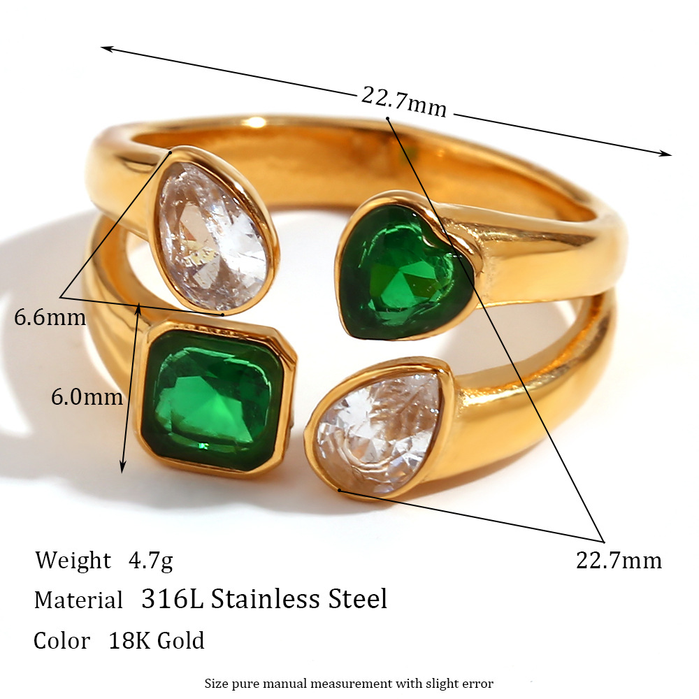 4:Double-layer love geometric water droplets zircon open ring-gold, green and white mix
