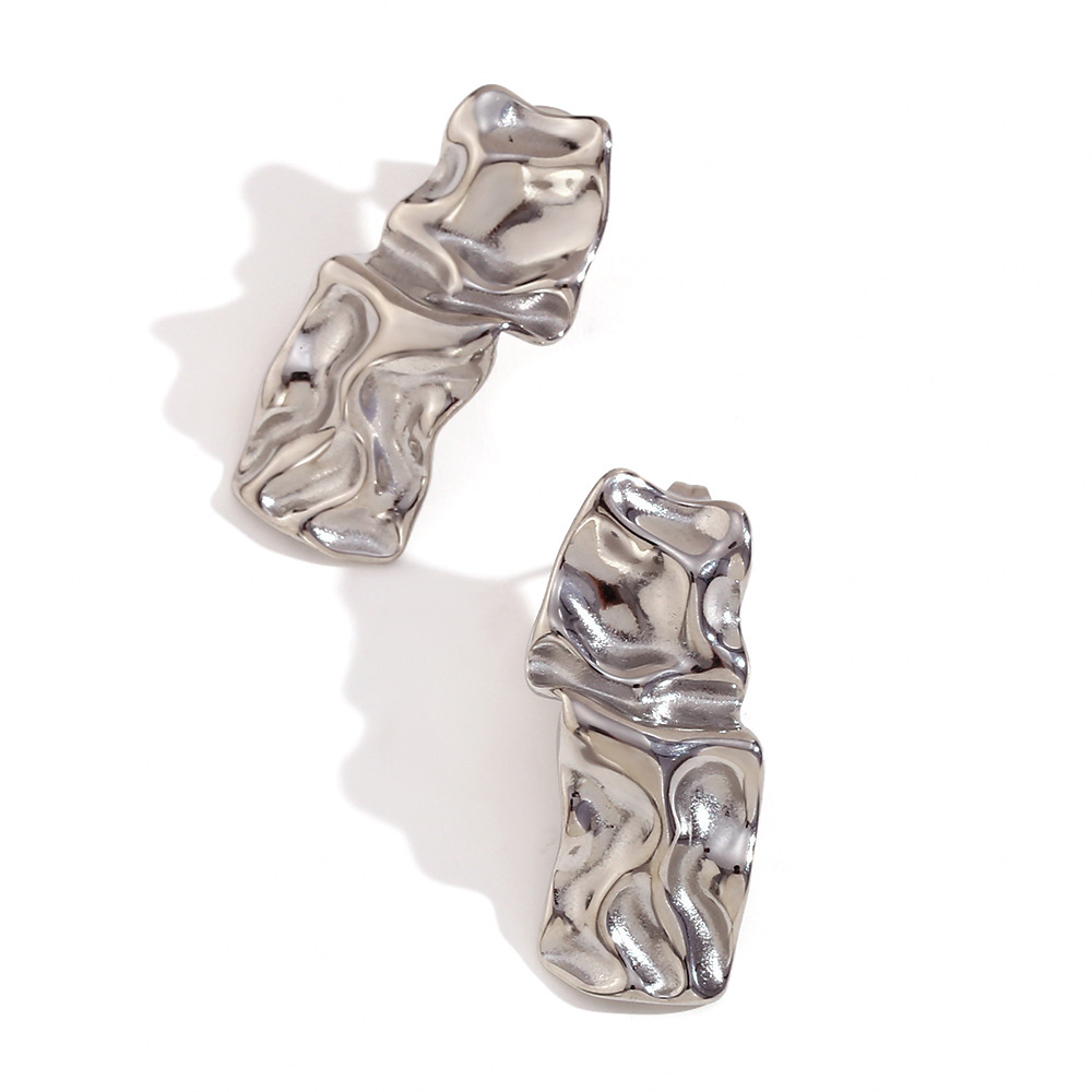 Irregular pleated rectangular stud earrings-steel