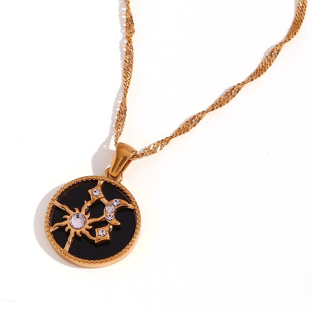 3:Wired Sun Moon star shell round necklace-Gold-black shell