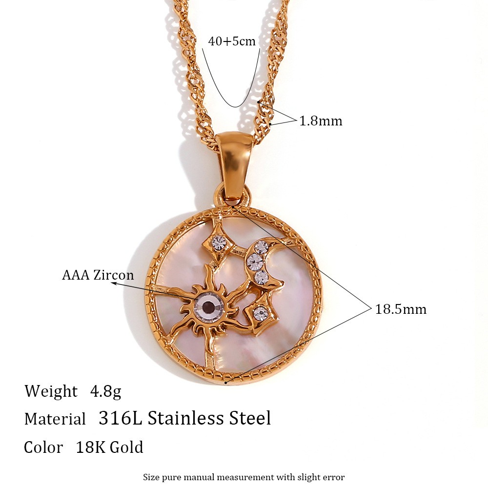 4:Wired Sun Moon star shell round necklace-Gold-white shell